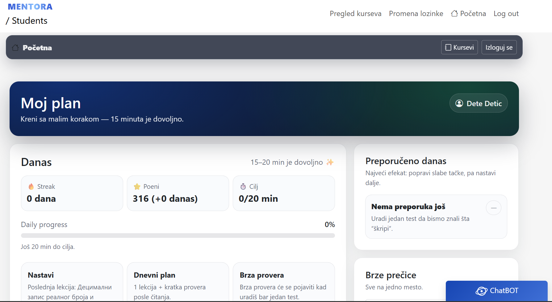 Mentora — Moj plan (dashboard)